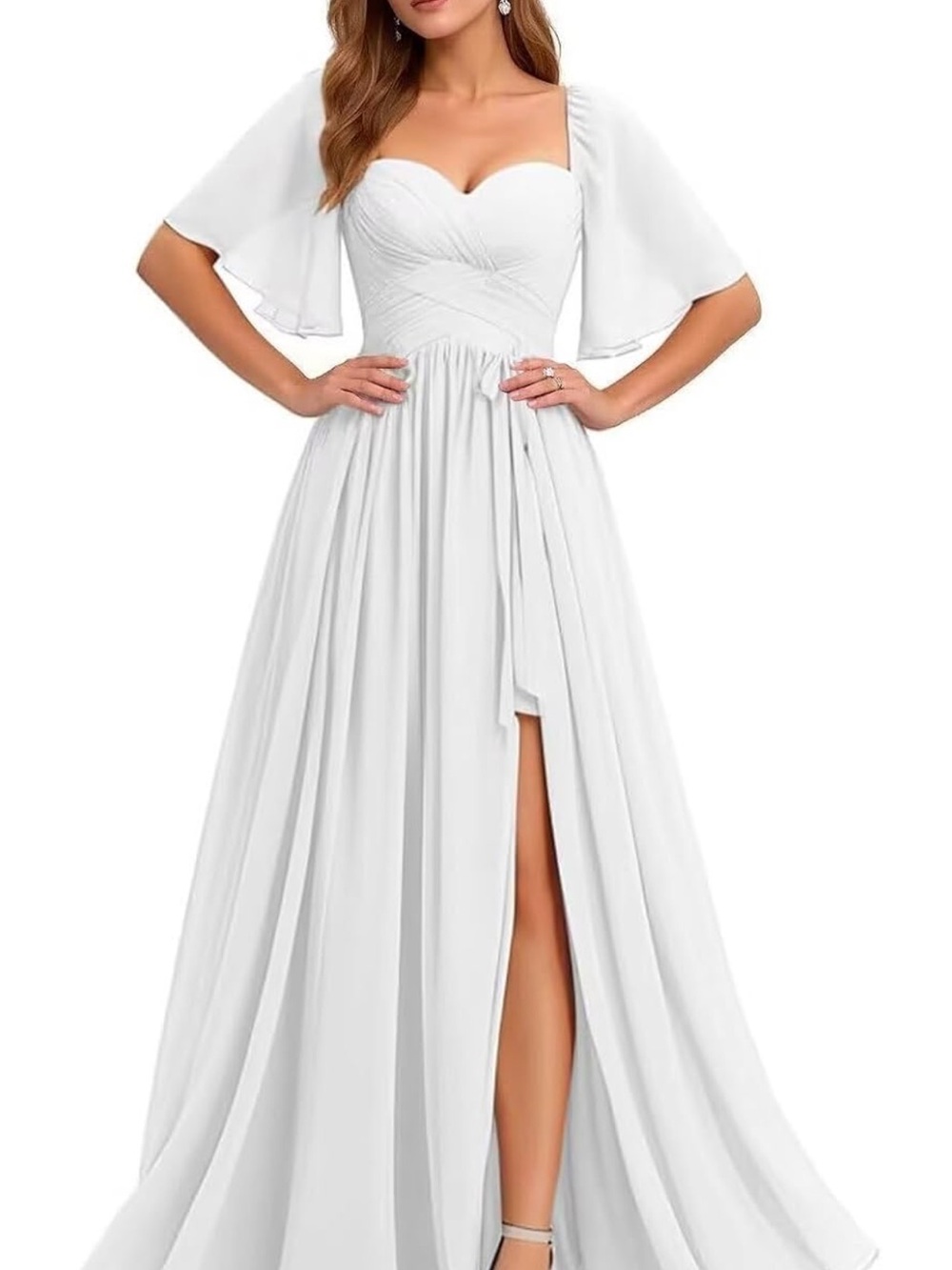 Amazon White Sweetheart Maxi Dress with Flutter Sleeves